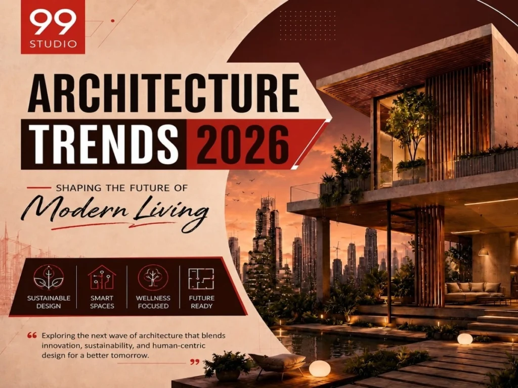 Modern architecture trends in 2026 featuring eco-friendly buildings, intelligent home systems, biophilic design elements, and future-ready living environments.