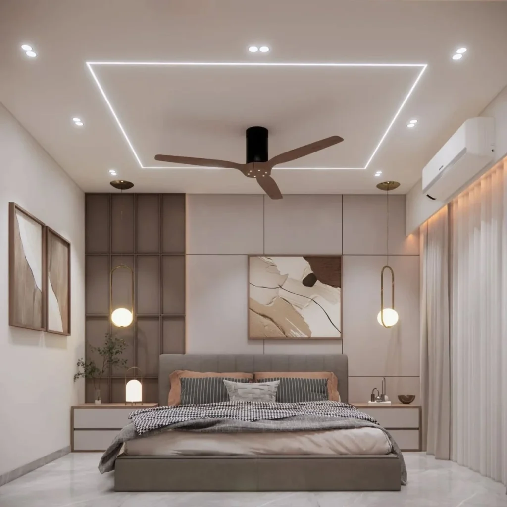 Small bedroom false ceiling design with fan, recessed lighting, and space-saving modern interior layout