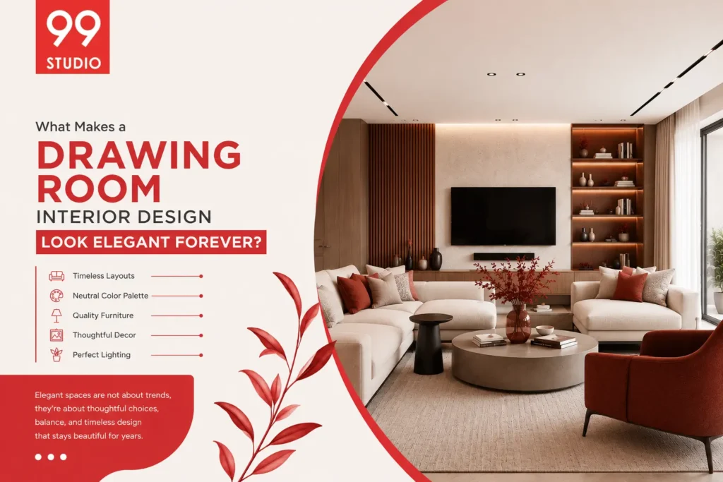 Elegant drawing room interior design featuring modern furniture, warm lighting, and timeless décor