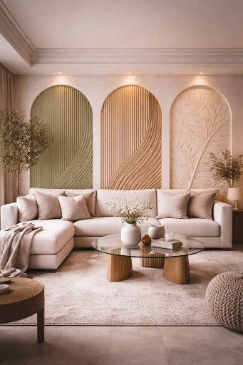 Elegant drawing room design featuring decorative wall panels, modern furniture, and warm ambient lighting