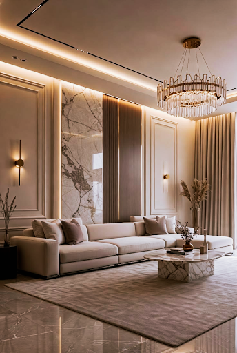 Luxury drawing room design with a sophisticated neutral colour palette, modern furniture, and elegant décor