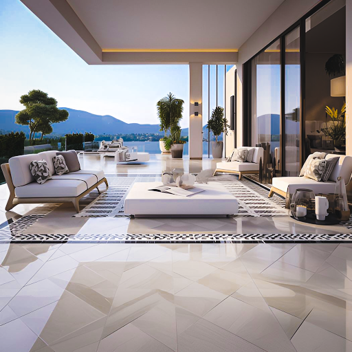 Modern drawing room design with stunning outdoor views, floor-to-ceiling windows, and elegant contemporary furniture